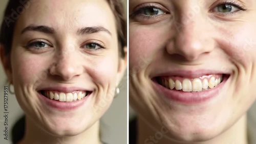 Woman's smiling face in close-up comparison for dental or skin care concept