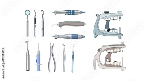 Dental Instruments Collection - Mirror, Scaler, Drills, Forceps, and Articulator.