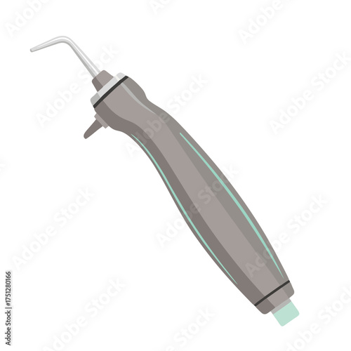 Illustrated gray dental air-water syringe with a curved metal nozzle and side button.