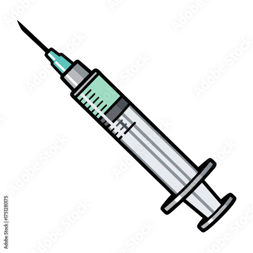 Illustrated medical syringe filled with light green liquid, sharp needle, and clear barrel.