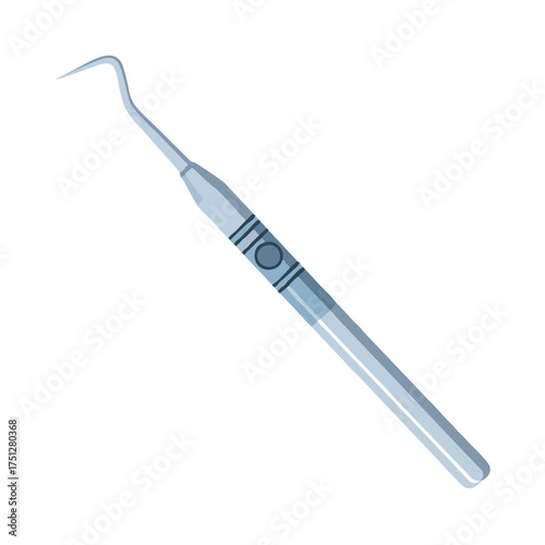 Professional Silver Dental Explorer Instrument with a Sharp, Curved Tip and Textured Grip.