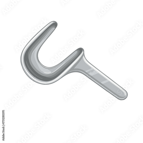 Shiny grey metallic curved medical implant component, smooth surface, integrated stem.