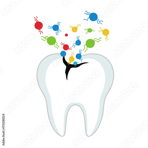 Tooth decay illustration with colorful bacteria attacking enamel, dental health concept.