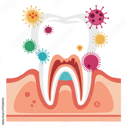 Tooth Section with Viruses - Dental Health Illustration with Colorful Pathogens.