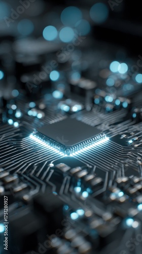 Circuit board with glowing lights showcases advanced technology in close-up view