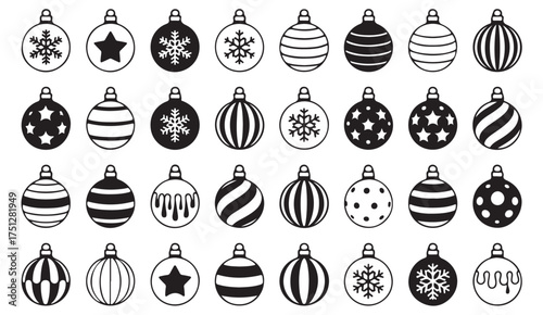 Set of black and white Christmas ornaments – festive baubles with snowflake, star, and striped patterns for holiday design projects