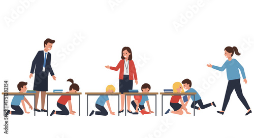 Earthquake Drill in Elementary School Classroom: Children Under Desks with Teachers Instructing, Flat Vector Illustration