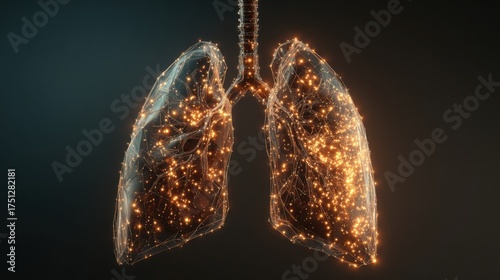 Lungs represented with glowing particles in a scientific illustration showcasing human anatomy.Human Lung model illness, Lung cancer and lung disease