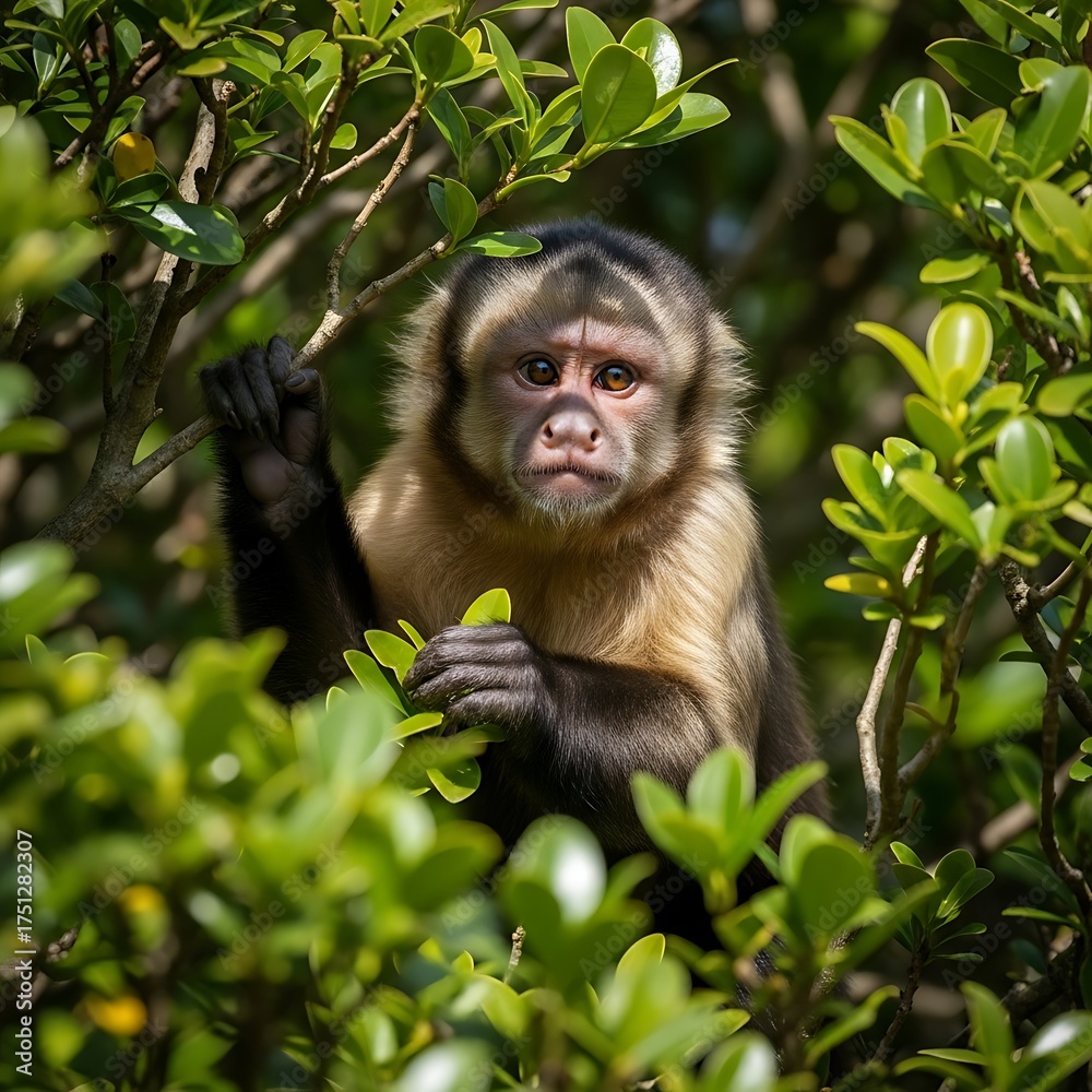Fototapeta premium Capuchin Monkey Stares Intently from Lush Green Foliage.