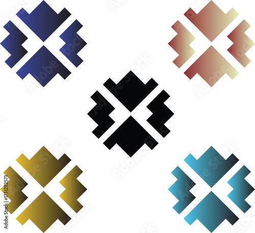A set of five abstract geometric icons featuring arrow-like segments arranged in symmetrical circular patterns. Each variant showcases unique color gradients and clean vector styling.