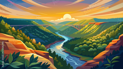 
Very beautiful panoramic view of New River Gorge National Park in West Virginia with winding river and forested cliffs under golden sunlight.