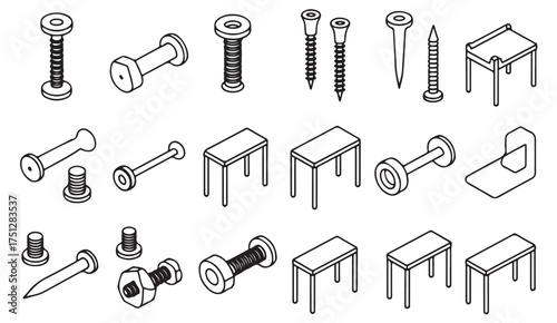 Engineering hardware set with threaded metal fasteners, nuts, and bolts in detailed vector illustration