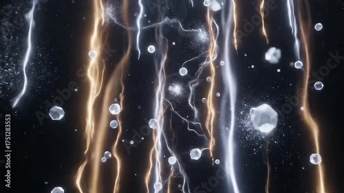 Abstract animated energy streams in a futuristic style with glowing gold and silver colors representing magical power or cosmic data flow