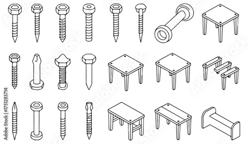 Collection of screw and bolt outline illustrations for engineering, manufacturing, and hardware design concepts