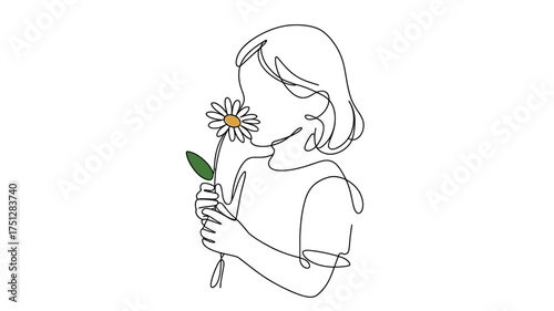 Vector art of girl smelling a daisy flower, vector line illustration