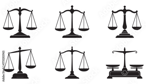 Collection of legal balance scales representing justice and impartiality for court, law firm, and attorney graphic design