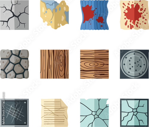 Collection of Game Textures Stone Wood Metal and Cracked Surfaces.