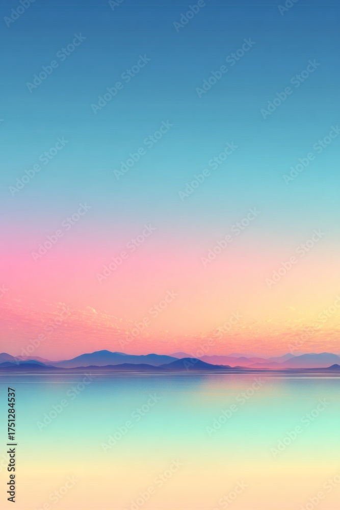 Fototapeta premium Pastel Sunrise Seascape with Distant Mountains and Glassy Horizon. AI generative
