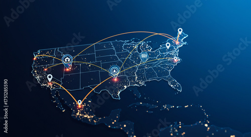United States map with glowing network connections showcases nationwide business reach and data flow across interconnected cities for logistics solutions