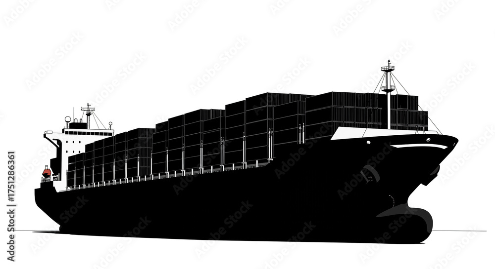 Obraz premium Modern black and white illustration of a cargo ship transporting goods across the ocean, perfect for logistics and supply chain marketing materials