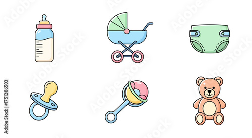 Cute Baby Care Essentials Icon Set