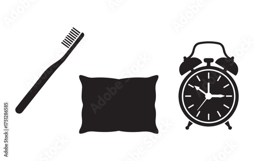 Morning routine icons with toothbrush pillow and alarm clock symbols