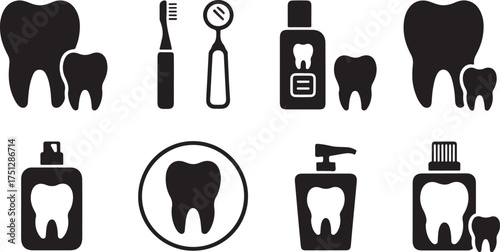 Oral hygiene and dental care products black and white illustration