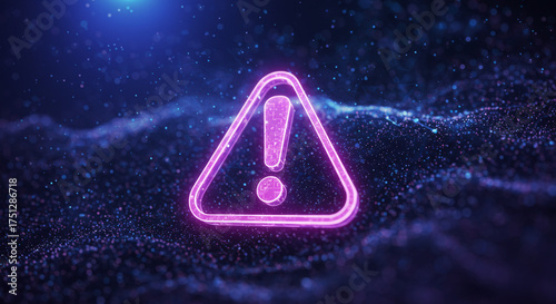 Cybersecurity alert with a futuristic glowing exclamation point on a dark blue digital network, perfect for technology and innovation projects