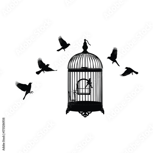 Birds flying around a birdcage silhouette on white freedom vintage black animal symbol escape release liberation wildlife ornate