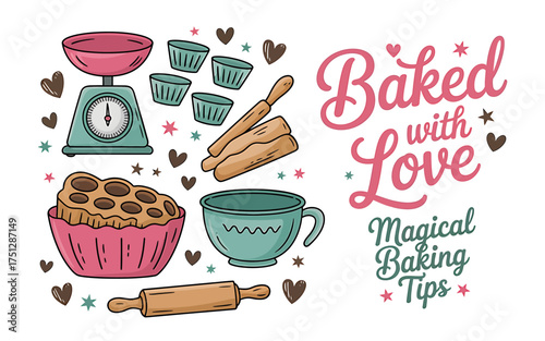Vector art of baked with love baking tools and lettering
