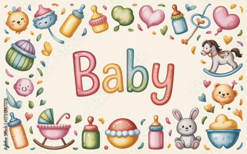 Vector art of cute baby shower card with toys and hearts