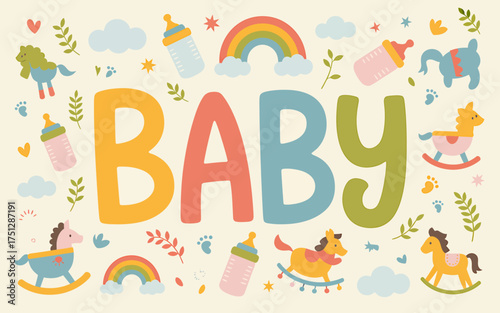 Vector art of cute baby shower card with rocking horses and rainbow