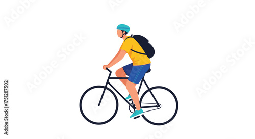A man in a yellow shirt and blue shorts rides a bicycle wearing a helmet and backpack.