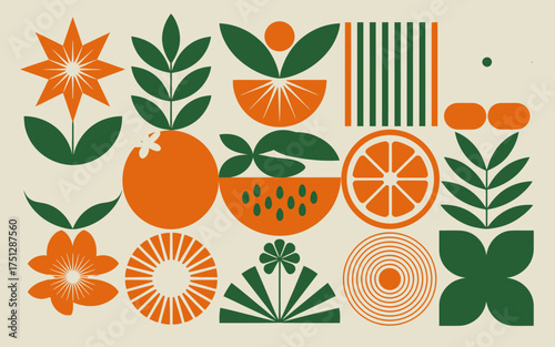 Vector art of set of abstract summer fruit and plant shapes on a beige background