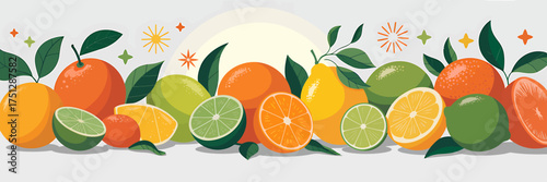 Vector art of fresh citrus fruits border with sun