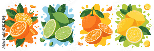 Vector art of collection of citrus fruits with splash