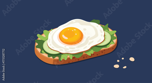 A delightful open faced sandwich with a fried egg cucumber and lettuce.