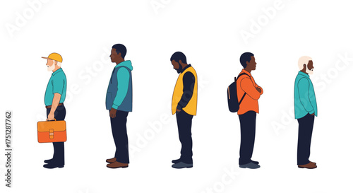 A diverse group of men stand in line waiting for something.