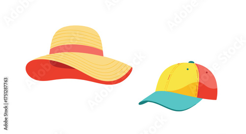 A stylish straw hat for sun protection and a colorful baseball cap for casual wear.