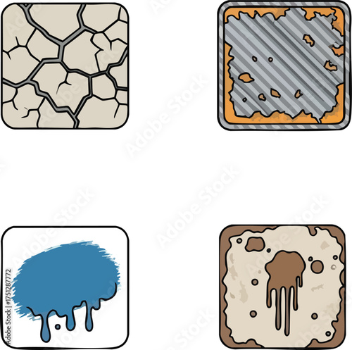 Four Square Icons Depicting Environmental Damage and Decay.