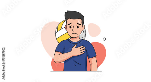 A young man clutches his chest with a distressed expression.