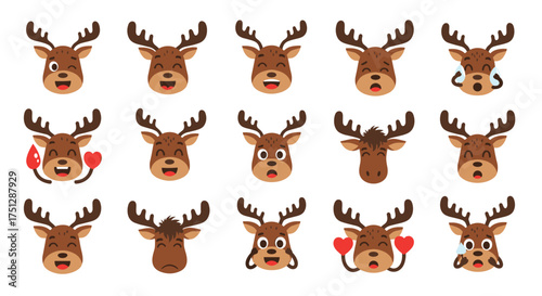 Collection of adorable reindeer faces with various emotions.