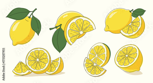 A vibrant collection of fresh yellow lemons and their slices.