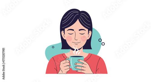A woman enjoying a warm cup of tea with her eyes closed.