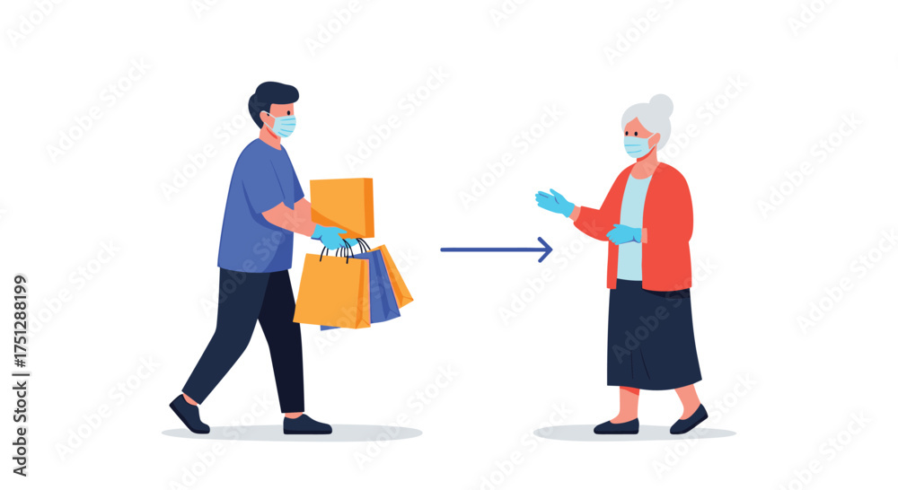 Obraz premium Delivery person wearing mask and gloves handing shopping bags to an elderly woman.