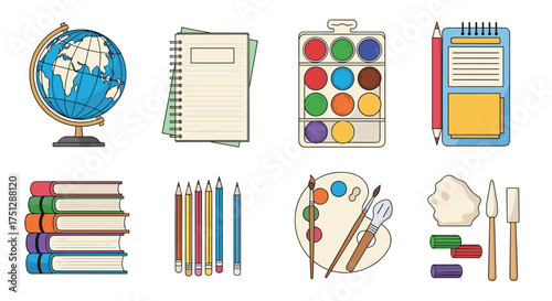 A collection of school supplies and learning tools.