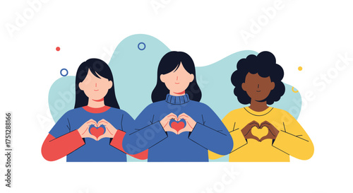 Diverse women show their love by making heart shapes with their hands.
