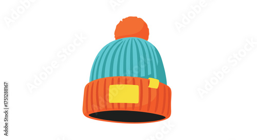 A warm and colorful knitted winter hat with a pompom.