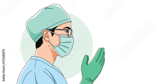Healthcare professional in surgical attire with mask and gloves extends a helping hand.