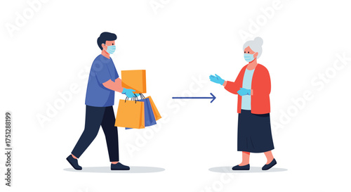 Delivery person wearing mask and gloves handing shopping bags to an elderly woman.